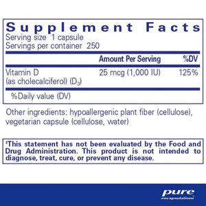 Vitamin D3 | 1,000 IU - 25 mcg - 250 Capsules Oral Supplements Pure Encapsulations 